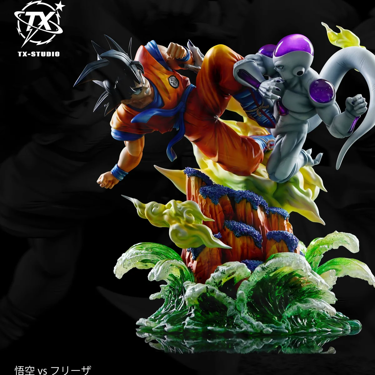 "Detailed close-ups of the 1/6 TX-STUDIO Goku vs Frieza Dragon Ball Z resin statue, revealing dynamic battle poses, vibrant energy, and intricate."