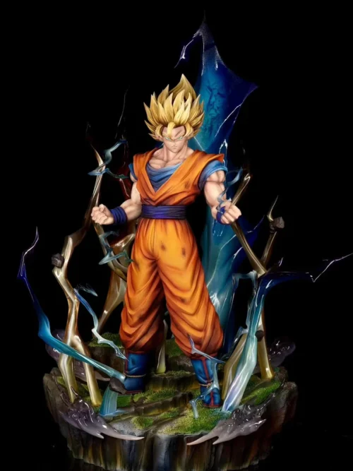 "Premium Super Saiyan Goku Dragon Ball Z statue with dynamic LED lightning, full body glow, and sound effects, capturing electrifying power."