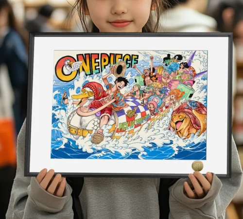 "Limited edition One Piece fan art print showcasing a vibrant scene with Luffy, Nami, and Zoro aboard the iconic Sea Train."