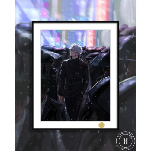 "Limited edition Gojo Satoru painting from Jujutsu Kaisen, dramatically depicted in rain within a premium frame. A high-quality art print."