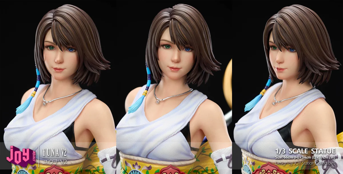 "Premium 1/3 scale Final Fantasy X Yuna 2.0 resin statue, capturing her dynamic summoner pose amidst ethereal water and spiritual effects."