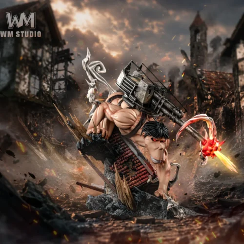 "Dynamic and menacing WM Studio Cart Titan statue from Attack on Titan, showcasing its unique monstrous form with an impressive LED light-up head."