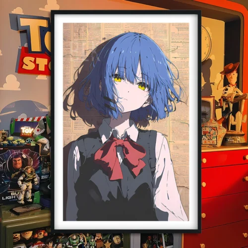 "Premium Yamada Ryo Bocchi the Rock! Baroque newspaper art decorative painting, showcasing the unique artistic style and character."