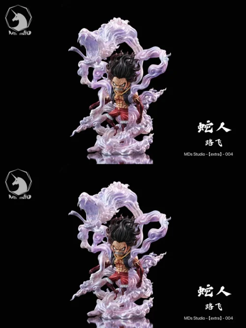"Dynamic Monkey D. Luffy Gear Fourth Snake-Man statue showcasing his powerful transformation with interchangeable heads, a premium One Piece collectib."