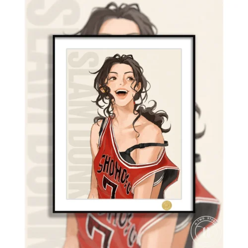 "Limited Edition Premium Ayako Inoue Slam Dunk art print from H-TWO Studio, showcasing a dynamic anime character within a sleek, modern frame."