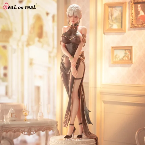 "Stunning 1/6 scale Original Statue of a graceful silver-haired woman in a dark oriental cheongsam, featuring fragrance and temp-sensitive paint."