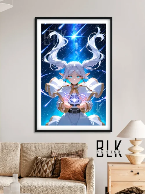 "Vibrant Epson HD print of ethereal Frieren art, celestial backdrops. Elegant aluminum frame detail of premium Frieren decorative wall art."