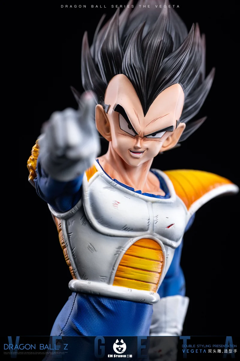 "Premium 1/6 Dragon Ball Vegeta statue by EH-STUDIO. View dynamic battle pose, LED effects, dual head sculpts, intricate details, all angles."