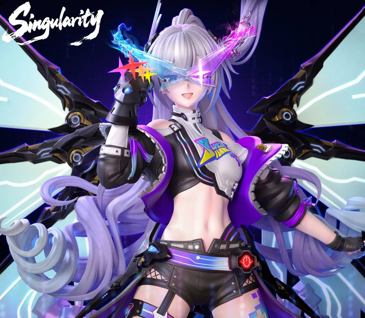 "Dynamic 1/6 Silver Wolf Honkai: Star Rail resin statue showcasing LED glowing wings and intricate cyberpunk details, a premium ultra-limited collect."