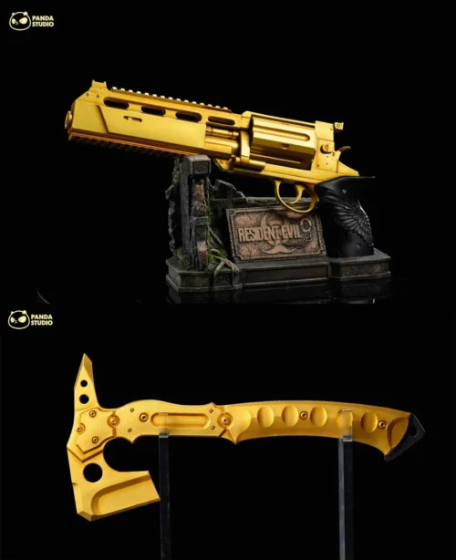 "Life-size Golden Requiem Revolver and Tactical Axe prop replicas from Resident Evil. Premium distressed gold, high-detail limited edition collectible."