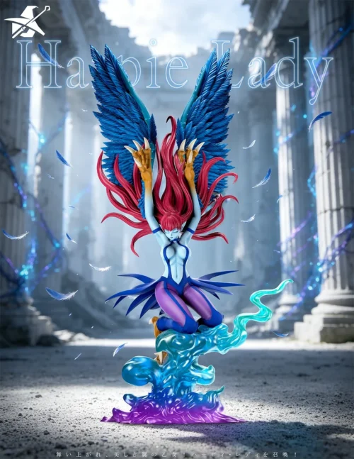 "Yu-Gi-Oh! Harpie Lady 50cm polystone statue, showcasing the iconic fierce avian warrior in a dynamic pose with vibrant energy effects."