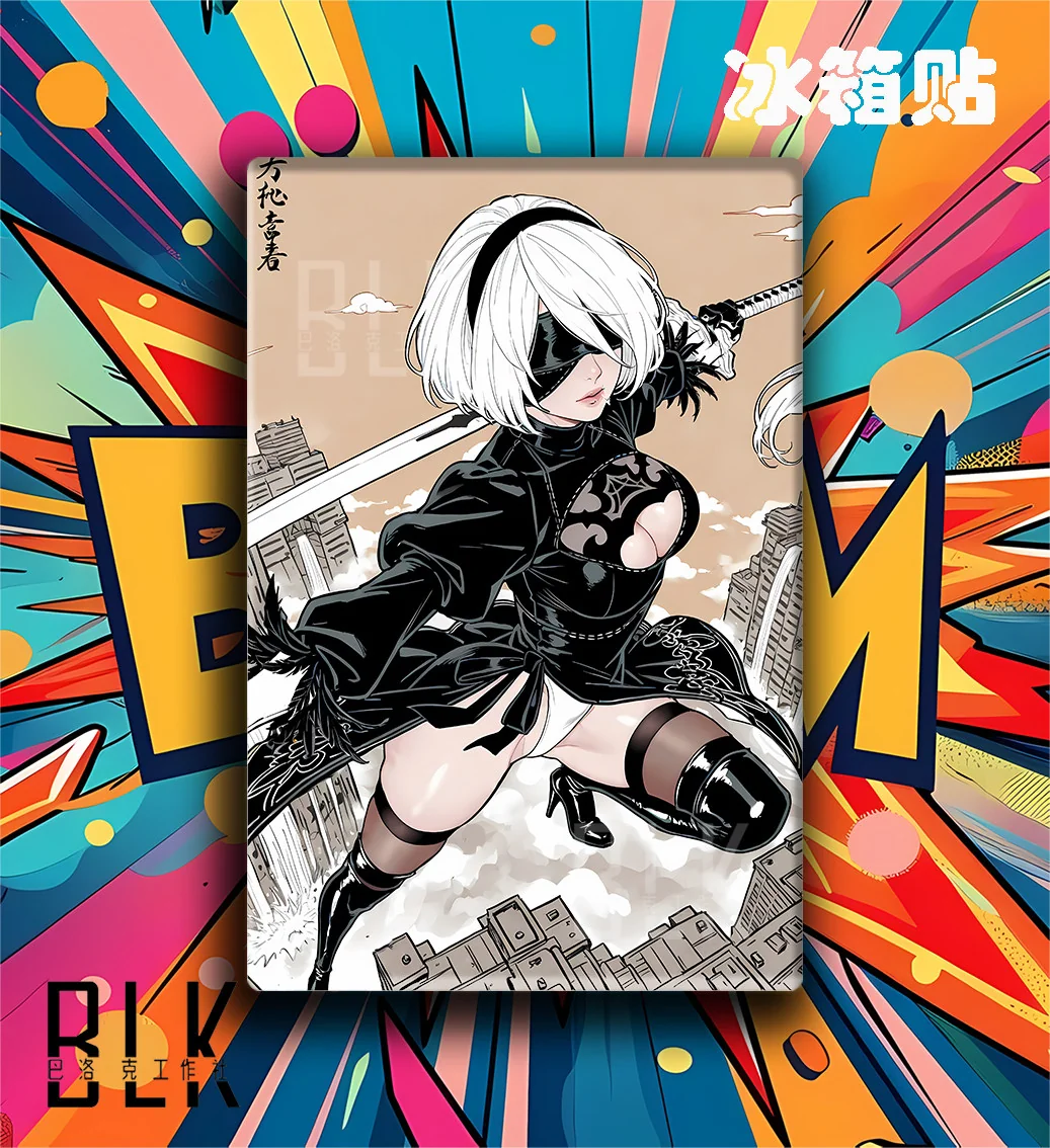 "Premium NieR Automata 2B art print by Baroque Studio. Dynamic 2B art and sleek aluminum frame details in various views."