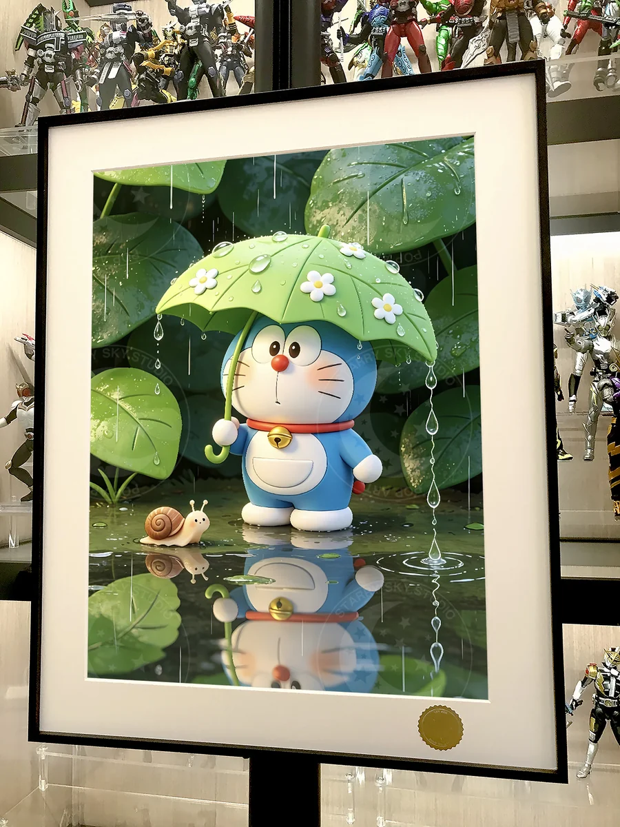 Detailed views of limited edition Doraemon & Friends art print. Whimsical starry sky snail adventure, collector-grade art.