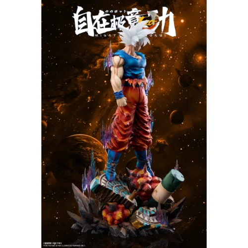 "Dynamic Ultra Instinct Goku resin statue from various angles, showcasing its radiant aura, intricate sculpt, and exclusive dual head sculpts."