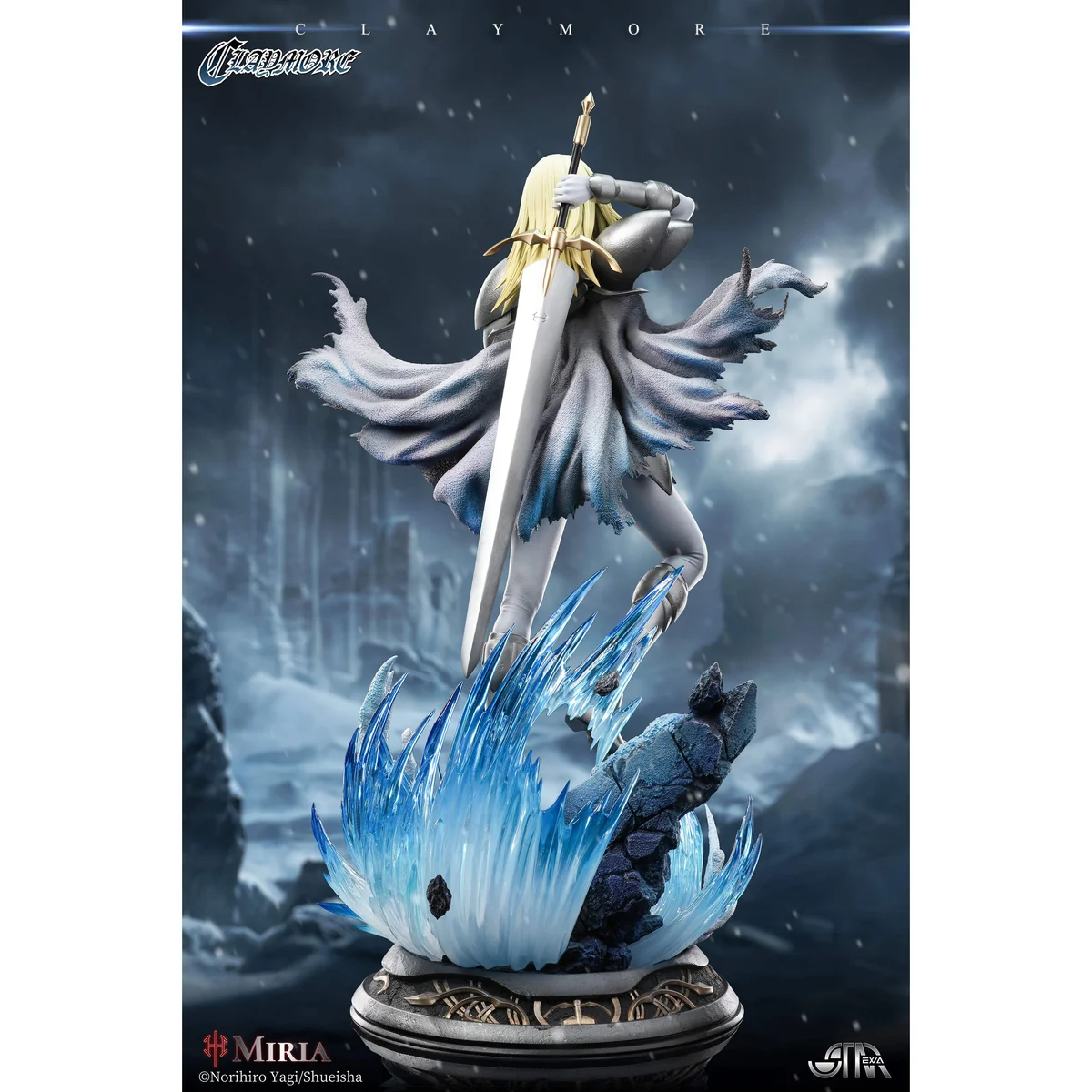 "Official 1/4 Miria Claymore statue by STAREXVA Studio. Dynamic pose, speed, and warrior essence from various detailed angles."