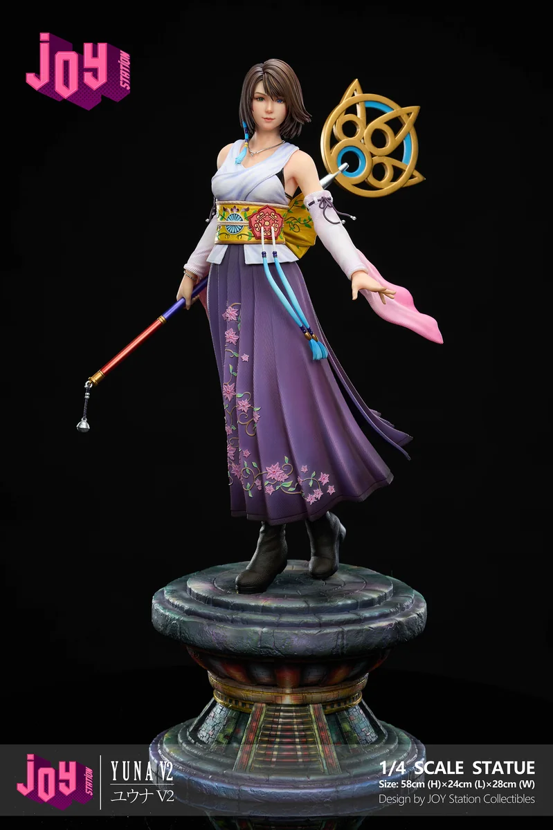 "Stunning Final Fantasy Yuna 2.0 statue by Joy Station Studio. Dynamic summoner pose, ethereal water, and spiritual effects from detailed angles."