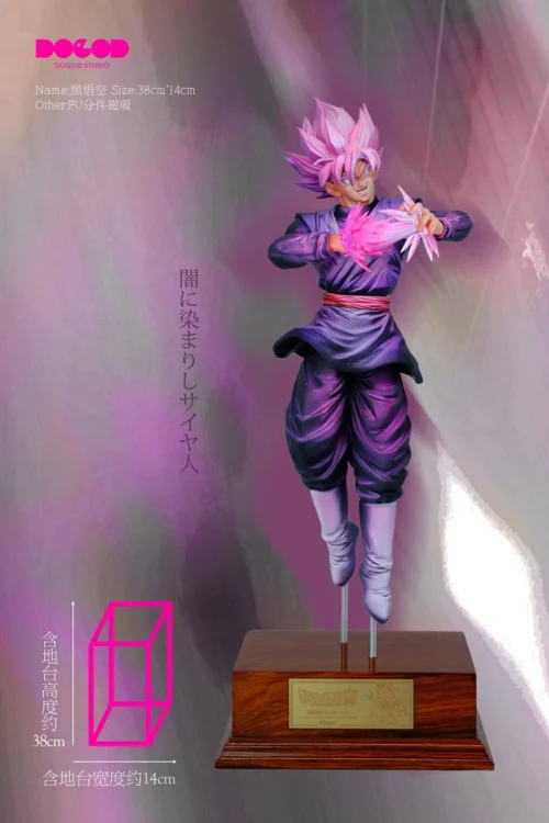 "Dynamic, limited edition Super Saiyan Rose Goku statue by DOGOD Studio, captured mid-attack with menacing aura and transparent energy effects."