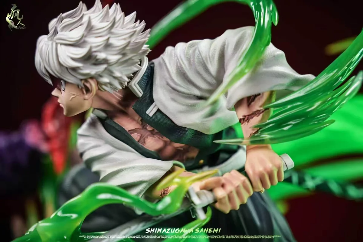 "Multiple angles of the premium 1/6 Sanemi Shinazugawa Demon Slayer resin statue, showcasing intricate sculpted details and vibrant LED wind effects."