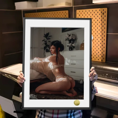 "Main image: Sensual Tifa Lockhart FF7 fan art print, showcasing vibrant colors and an alluring pose. Limited edition, hand-numbered collectible."
