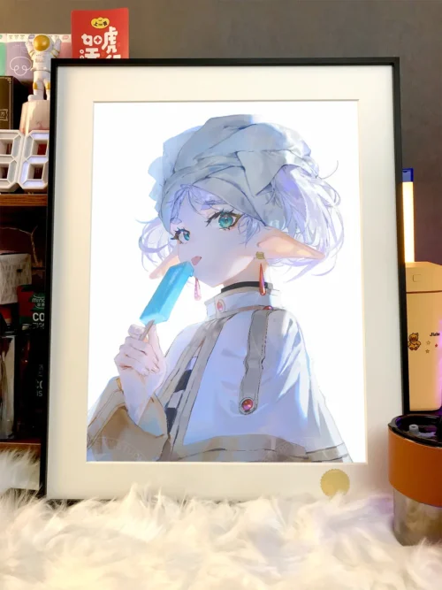 "Limited Edition Frieren Art Print gallery showcasing Frieren & Himmel under a magical starry sky. Details of the premium decorative painting."
