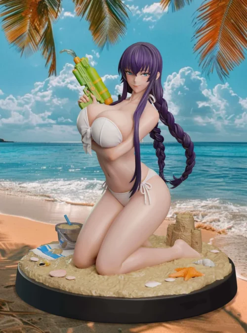 "Dynamic Saeko Busujima 1/7 scale resin statue in a black swimsuit, fiercely wielding her katana. A premium Highschool of the Dead figure."