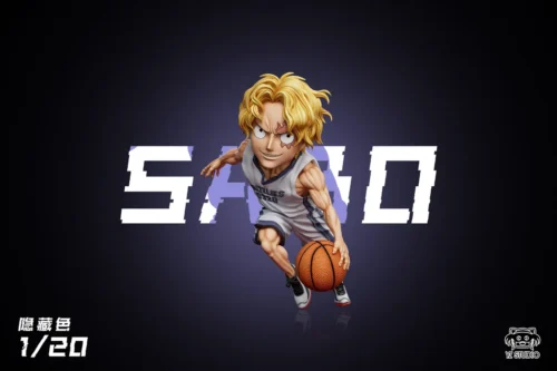 "Playful chibi Sabo One Piece figure in Grizzlies uniform. Detailed sculpt, vibrant NBA base, all angles. Exclusive One Piece x NBA collectible."