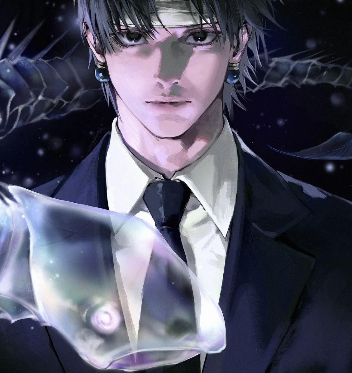 Limited Edition Chrollo Lucilfer Hunter x Hunter art print by H-TWO Studio. Dynamic portrait, dark aesthetic framed artwork details from multiple angles.