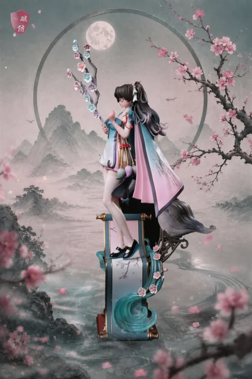"Wuthering Waves Guofeng Xiaozhi 1/6 scale PU statue. Gallery highlights ethereal Guofeng details, flowing water, and natural branches."