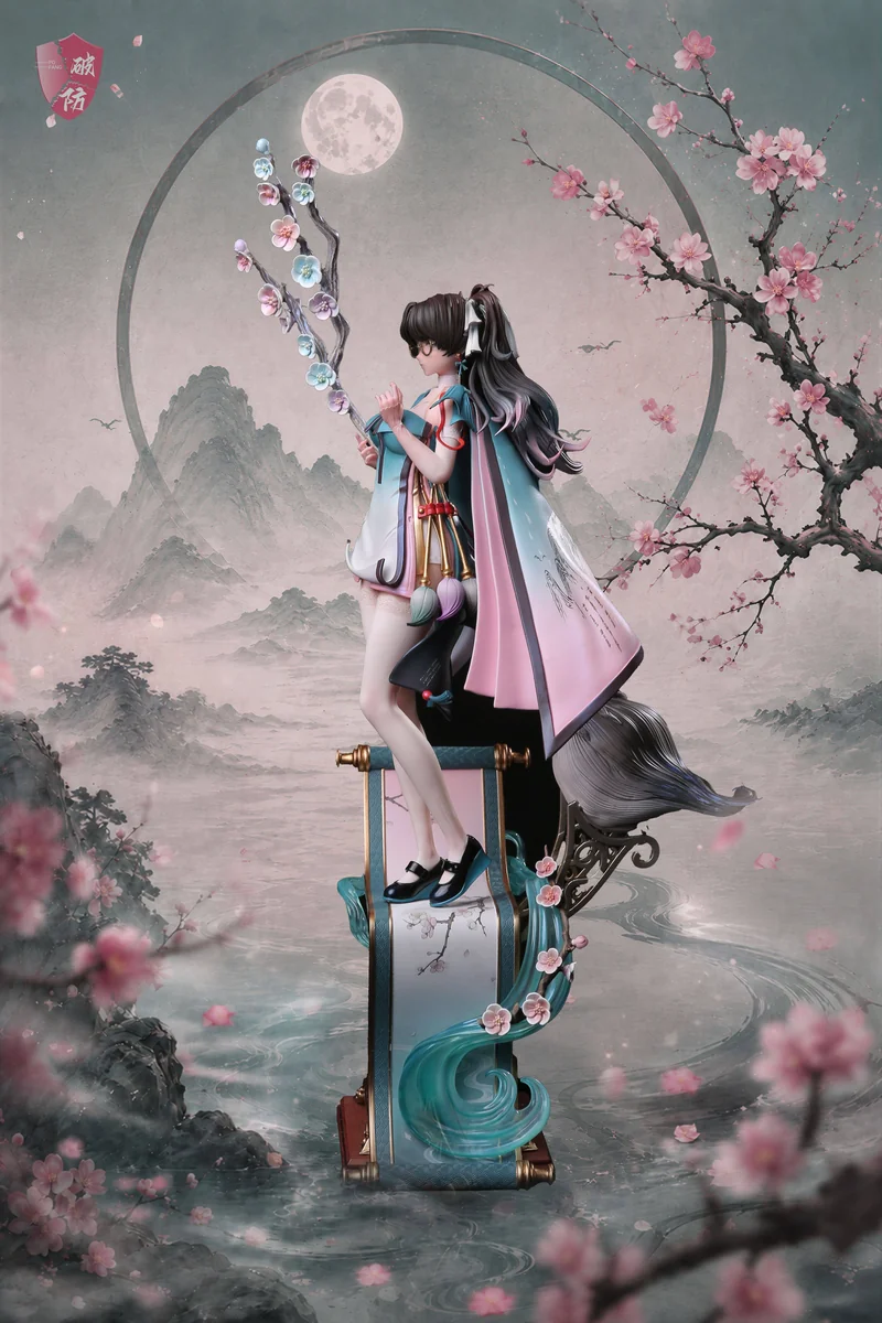 "Wuthering Waves Guofeng Xiaozhi 1/6 scale PU statue. Gallery highlights ethereal Guofeng details, flowing water, and natural branches."