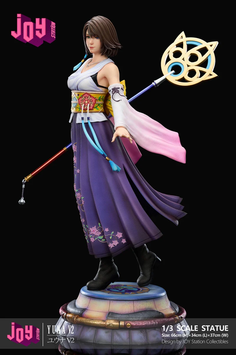 "Premium 1/3 scale Final Fantasy X Yuna 2.0 resin statue, capturing her dynamic summoner pose amidst ethereal water and spiritual effects."