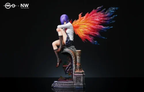 "Premium 1/4 scale Tokyo Ghoul Touka figure showcasing her dynamic LED Ukaku Kagune and realistic skin details from various angles by HERA Studio."