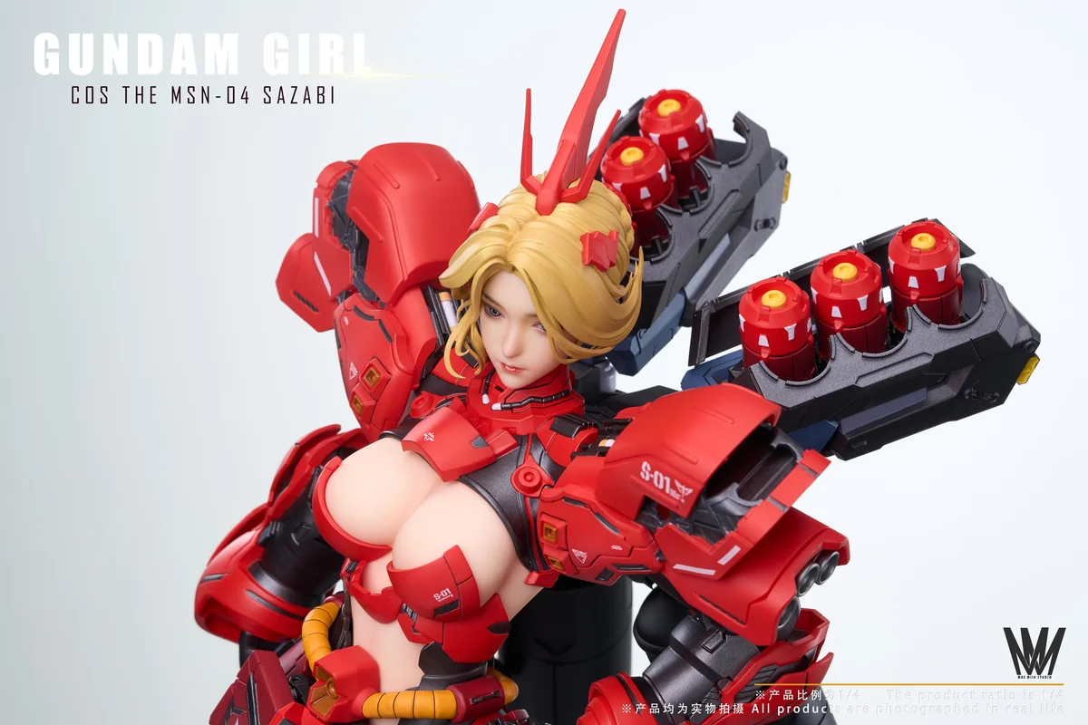 "1/4 Sazabi Mecha Girl JN5.0 Gundam statue close-up, revealing intricate futuristic details, dynamic pose, and glowing UV-reactive decals."