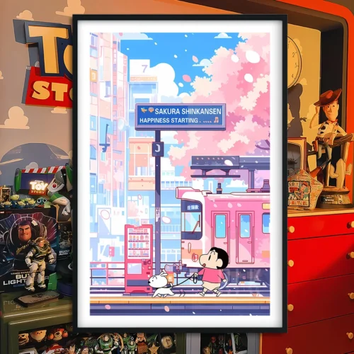 "Unique Baroque Crayon Shin-chan 'Tram' decorative painting. Playful Shin-chan character in an ornate, classical frame, making it distinctive Crayon."