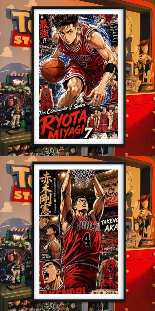 "Dynamic premium Slam Dunk painting featuring stylized portraits of Miyagi Ryota and Akagi Takenori, capturing their iconic basketball energy."