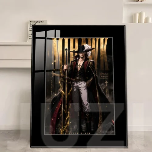 "Premium vertical Dracule Mihawk decorative painting by JUZI Studio, showcasing iconic One Piece art with vibrant UV HD print and a luxurious alloy fr