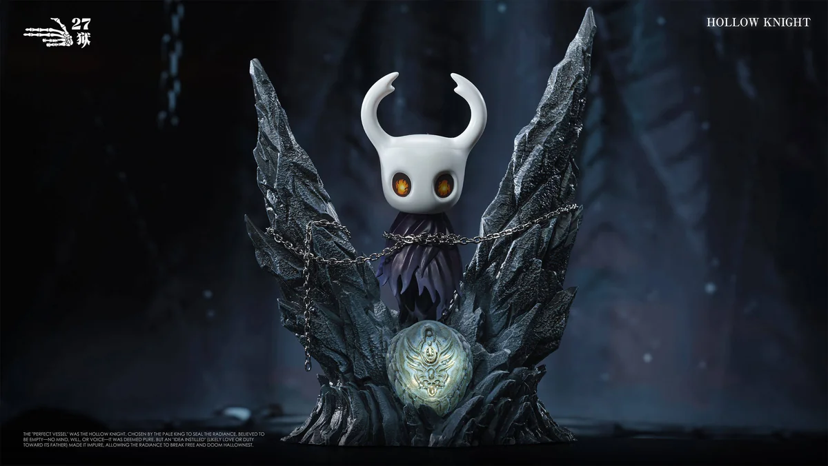 "Hollow Knight Sealed Vessel & Little Knight LED statue. Intricate dark fantasy details and captivating light-up features highlight its iconic game."