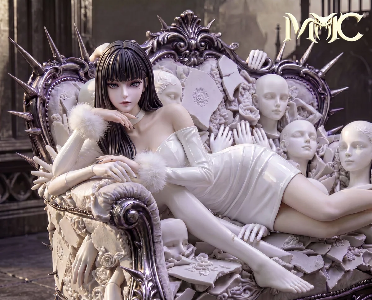 "1/4 scale Junji Ito Tomie LED horror statue, showcasing its dark gothic Autophagic Throne, evil flower, and intricate sculptural details."