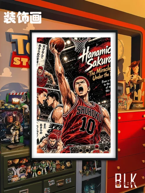 "Dynamic premium Sakuragi Hanamichi Slam Dunk painting, showcasing vibrant anime wall art with a sophisticated baroque style, perfect for collectors."