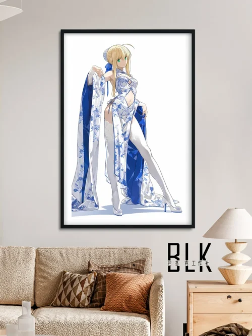 "Artoria Pendragon Cheongsam Saber decorative painting detail, showing exquisite Baroque style and premium frame. A Fate Saber painting."