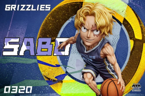 "Playful chibi Sabo One Piece figure in Grizzlies basketball uniform, dynamic pose on a vibrant NBA-inspired base. Exclusive One Piece x NBA collectible."