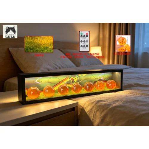 "Premium 1:1 Dragon Ball LED display night light statue. Mystical glowing Wishing Balls on wood base, realistic grass, clear acrylic protection."