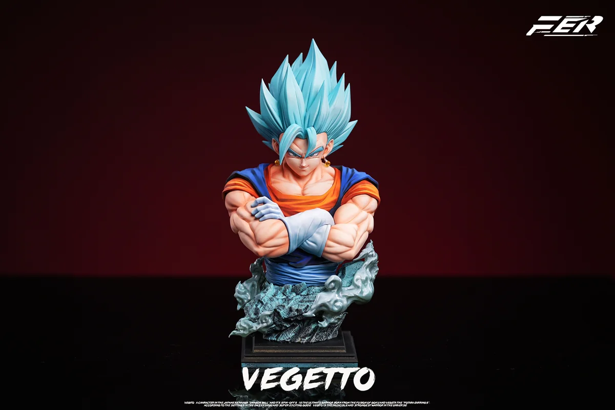 "Dynamic 1/5 Vegetto Bust Statue showcasing both Super Saiyan and Super Saiyan Blue forms, captured in exquisite detail from multiple angles by Fer."