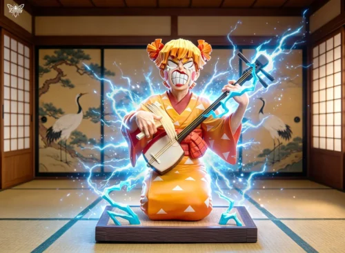 "Exclusive 1/6 Zenitsu Agatsuma Musical Serenity Demon Slayer statue, an ultra-limited edition. Zenitsu is captured in a tranquil, elegant musical."