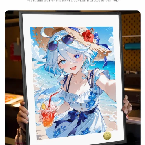 "Exclusive Genshin Impact Furina fan art painting, A3/4K by Huang Gua Studio. Serene Furina on a summer beach, vibrant artistic details."