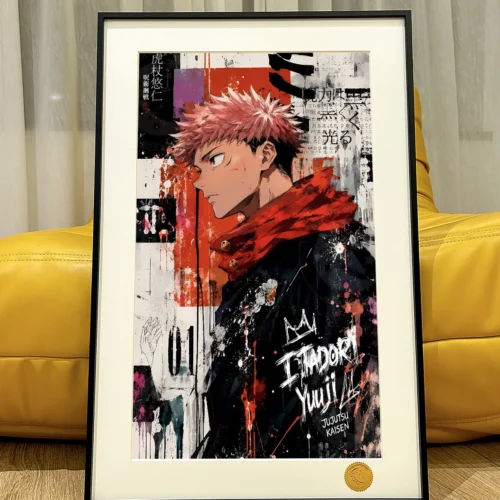 "Limited Edition Jujutsu Kaisen framed art print featuring dynamic graffiti Itadori Yuji with cosmic elements."