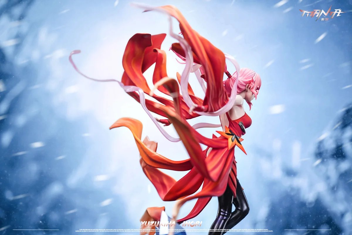 "Limited Edition Inori Yuzuriha Guilty Crown Manta Studio statue. Exquisite details of her iconic dynamic pose and flowing attire are seen."