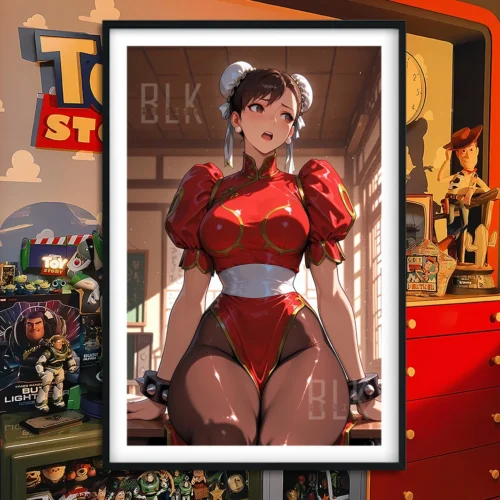 "Premium Baroque Red Chun-Li Street Fighter wall art featuring the iconic heroine in a dynamic pose with vibrant colors and artistic detail."