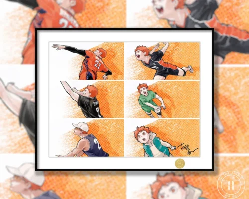 "Premium Haikyuu Hinata Shoyo art print, a dynamic limited edition decorative painting featuring a replicated signature and vibrant anime style."