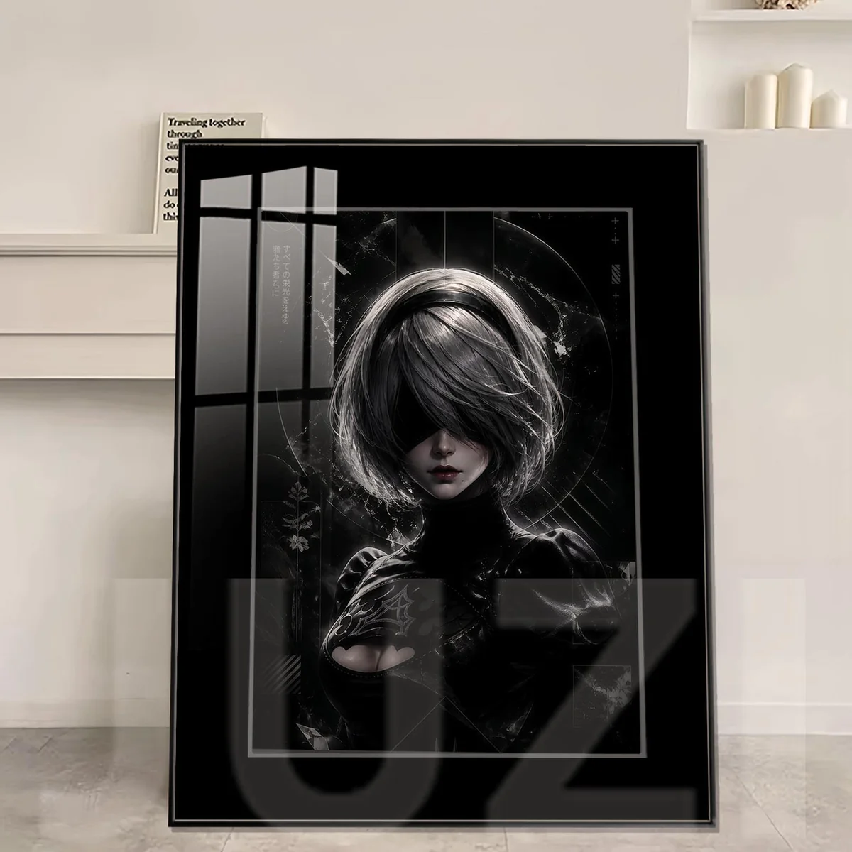 "Premium NieR Automata 2B HD decorative painting by JUZI Studio. Dynamic, fade-resistant wall art in a luxurious alloy frame."