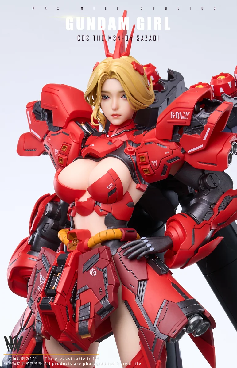 "Exclusive 1/4 Sazabi Mecha Girl JN5.0 Gundam Universe Statue, detailing its intricate sculpt, dynamic pose, and UV-reactive decals."